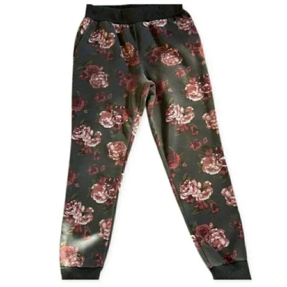 Lit26 Fleece Jogger Pants Black Pink Rose Print Large - Picture 3 of 6